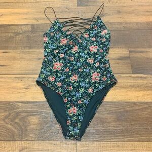 Forever 21 Black Floral Bodysuit Womens Sz S Strappy Mesh Sleeveless Top Stretch